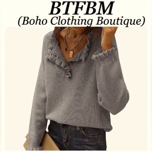 BTFBM (Boho Clothing Boutique) women’s gray ruffled 1/3 button sweater sizeM NWT